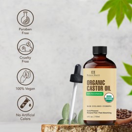 Botanic Hearth Castor Oil (Styling Oil, Glass Bottle 4 Fl Oz) | Usda Certified Organic | 100% Pure & Hexane Free | Cold Pressed | Promotes Growth For Eyelashes, Eyebrows & Hair | Includes Brush Set