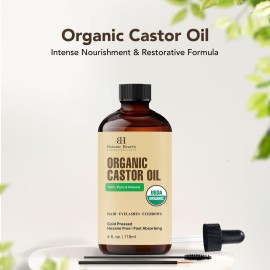 Botanic Hearth Castor Oil (Styling Oil, Glass Bottle 4 Fl Oz) | Usda Certified Organic | 100% Pure & Hexane Free | Cold Pressed | Promotes Growth For Eyelashes, Eyebrows & Hair | Includes Brush Set