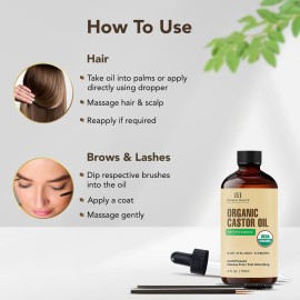Botanic Hearth Castor Oil (Styling Oil, Glass Bottle 4 Fl Oz) | Usda Certified Organic | 100% Pure & Hexane Free | Cold Pressed | Promotes Growth For Eyelashes, Eyebrows & Hair | Includes Brush Set