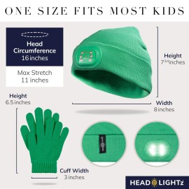 HEAD LIGHTZ Headlightz by Roq Innovation - Kids Beanie with Light and Glove Set - Unisex LED Beanie Hat with Light Built in, Rechargeable, Green