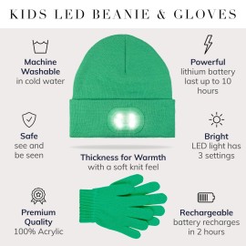 HEAD LIGHTZ Headlightz by Roq Innovation - Kids Beanie with Light and Glove Set - Unisex LED Beanie Hat with Light Built in, Rechargeable, Green