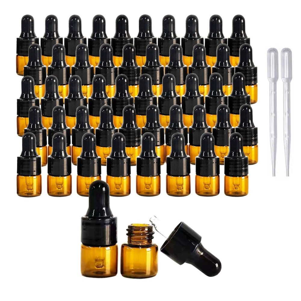 PYAWI 50Pcs Amber Glass Mini Dropper Bottle 1ml Amber Essential Oil Bottles Vials Travel Cosmetic Sample Container Liquid Perfume Eye Droppers Bottle (1ml)