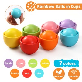 Montessori Larger Ball in Cup Color Sorting Toy for Toddlers Wooden Rainbow Ball Color Matching Toy - 7, 46mm