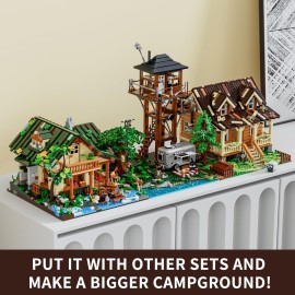 Funwhole Lookout Campground Lighting Building-Bricks Set - Retro Wild Lookout Tower Camping Car and Family Minifigures LED Light Building Set 1426 Pcs for Adults and Teen