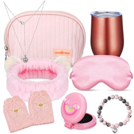 Riceshoot 8 Pcs Pink Birthday Gifts for Teen Birthday Gifts Including Eye Mask Socks Makeup Bag Bracelet Necklace Mirror Headband Cup for Girl Riceshoot 8 Pcs Pink Birthday Gifts for Teen Birthday Gifts Including Eye Mask Socks Makeup Bag Bracelet Necklace Mirror Headband Cup for Girl