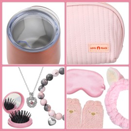 Riceshoot 8 Pcs Pink Birthday Gifts for Teen Birthday Gifts Including Eye Mask Socks Makeup Bag Bracelet Necklace Mirror Headband Cup for Girl