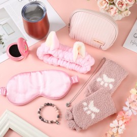 Riceshoot 8 Pcs Pink Birthday Gifts for Teen Birthday Gifts Including Eye Mask Socks Makeup Bag Bracelet Necklace Mirror Headband Cup for Girl