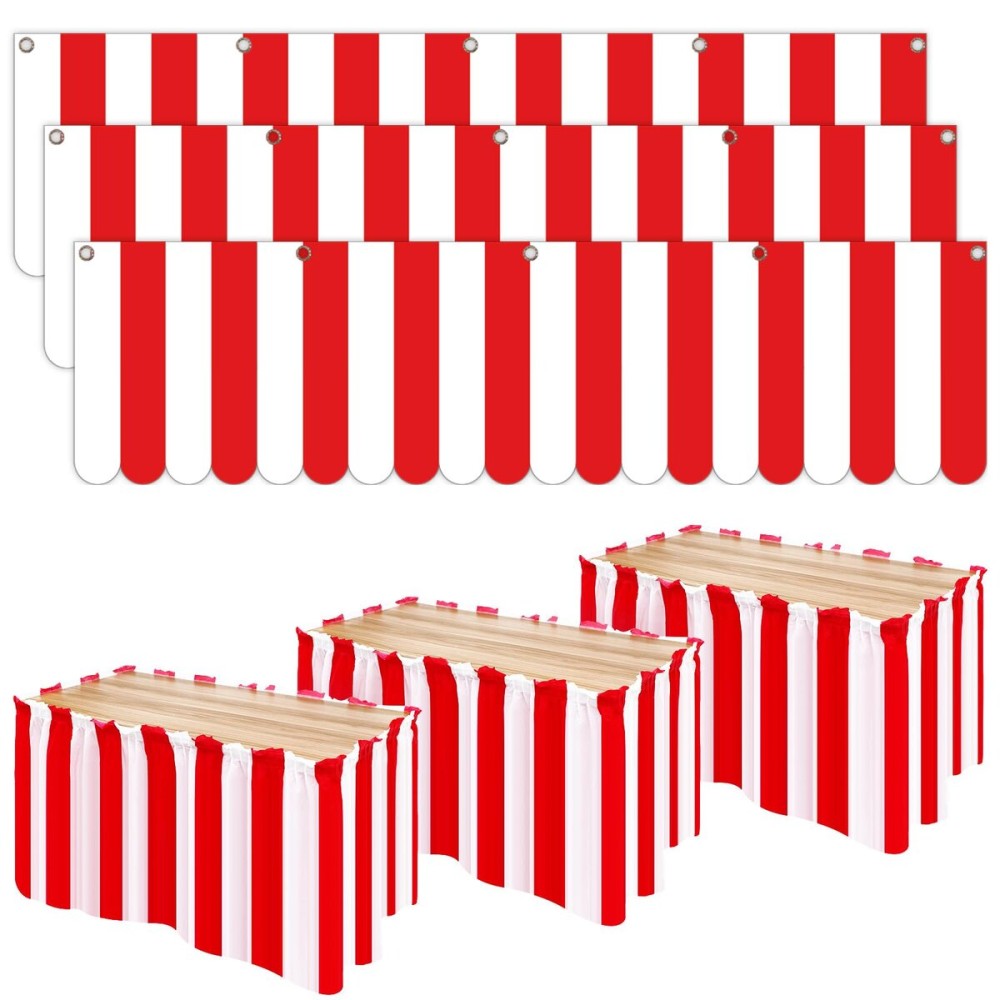 Preboun 6 Pcs Carnival Circus Decorations with 3 Carnival Tent 3 Red White Striped Table Skirt Circus Carnival Hanging Decorations Carnival Theme Party Decorations for Birthday Mardi Gras Christmas