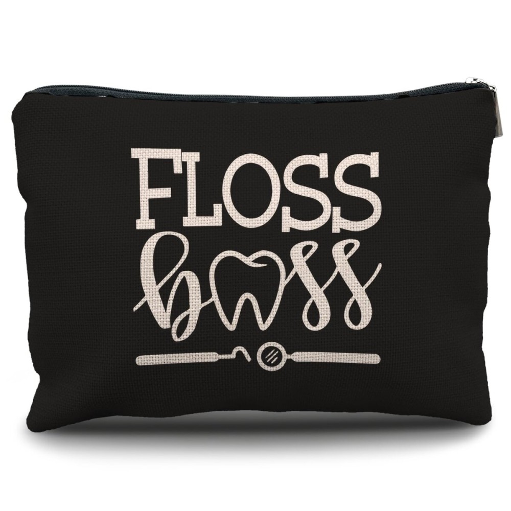 Nogrit Dentist Gift Black Makeup Bag,Dental Hygienist Gifts for Women,Dental Assistant Gifts,Floss Boss Small Cosmetic Makeup Bag for Purse