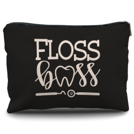Nogrit Dentist Gift Black Makeup Bag,Dental Hygienist Gifts for Women,Dental Assistant Gifts,Floss Boss Small Cosmetic Makeup Bag for Purse