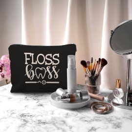 Nogrit Dentist Gift Black Makeup Bag,Dental Hygienist Gifts for Women,Dental Assistant Gifts,Floss Boss Small Cosmetic Makeup Bag for Purse