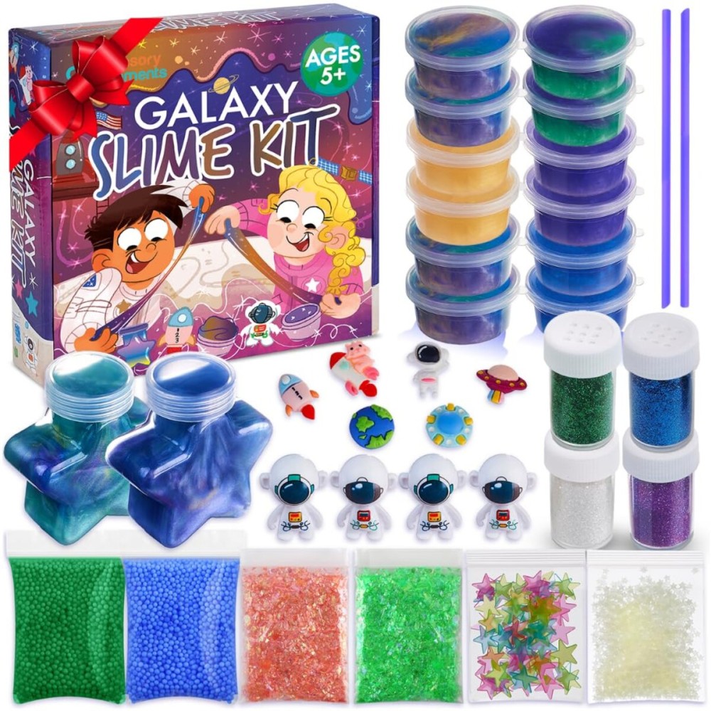 Galaxy Slime Kit for Boys & Girls - Colorful Premade Galaxy Slime for Kids, DIY Toy Slime Set with Glow in The Dark Stars, Idea for Christmas & Holiday, Boys & Girls Ages 5-12+