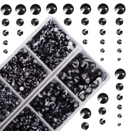 10000Pcs 2-Boxes Mixed Size Hot Fix Round Crystals Gems Glass Stones Hotfix Flat Back Rhinestones with Tweezers and Picking Pencil (Jet Black)