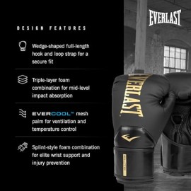 Everlast Elite 2 Boxing Gloves, Pro Training Gloves for Men and Women, Secure Fit Hook and Loop Closure & Ventilation, Heavy Bag & Speedbag Training (14 oz, Black/Gold) Everlast Elite 2 Boxing Gloves, Pro Training Gloves for Men and Women, Secure Fit Hook and Loop Closure & Ventilation, Heavy Bag & Speedbag Training (14 oz, Black/Gold)