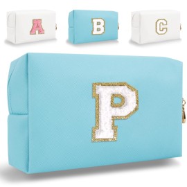 HENGNI Small Personalized Letter Makeup Bag, Cute PU Leather Chenille Letters Cosmetic Bag Travel Makeup Pouch, Preppy Travel Organizer Zipper Pouch for Women&GirlsBlue-P