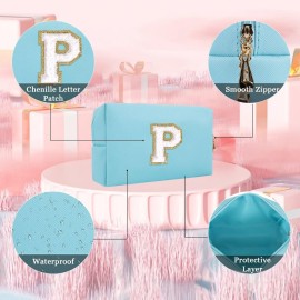 HENGNI Small Personalized Letter Makeup Bag, Cute PU Leather Chenille Letters Cosmetic Bag Travel Makeup Pouch, Preppy Travel Organizer Zipper Pouch for Women&GirlsBlue-P