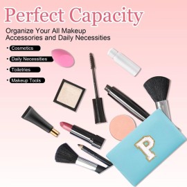 HENGNI Small Personalized Letter Makeup Bag, Cute PU Leather Chenille Letters Cosmetic Bag Travel Makeup Pouch, Preppy Travel Organizer Zipper Pouch for Women&GirlsBlue-P