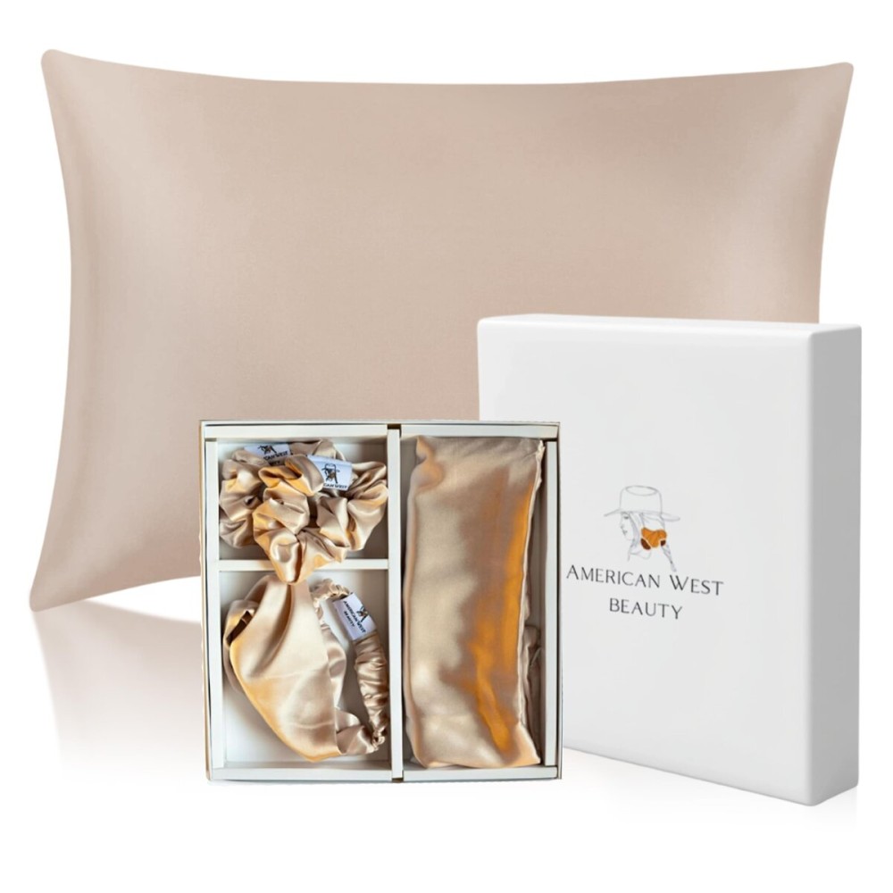 Satin Silk Pillowcase Gift Set for Women | Soft & Smooth Pillow Case | Spa Headband and Scrunchies | Silk Hair Scrunchies & Luxury Hair Accessories for Women | 4 Pieces Gift Set - Light Pink