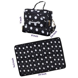 Small Crossbody Diaper Changing Bag with Portable Baby Changing Pad, Front Wipes Pocket Opening, Shoulder & Stroller Straps Included (Black and White Polkadot)- Insulated Bottom
