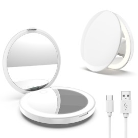 MY BEAUTY LIGHT Bright Compact Mirror with Light, Durable Rechargeable 1X/3X Magnifying Mirror with Light, 3 Color Temperature Travel Makeup Mirror with Lights for Handbag Purse Pocket (White)