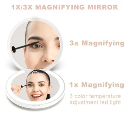 MY BEAUTY LIGHT Bright Compact Mirror with Light, Durable Rechargeable 1X/3X Magnifying Mirror with Light, 3 Color Temperature Travel Makeup Mirror with Lights for Handbag Purse Pocket (White)