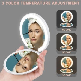 MY BEAUTY LIGHT Bright Compact Mirror with Light, Durable Rechargeable 1X/3X Magnifying Mirror with Light, 3 Color Temperature Travel Makeup Mirror with Lights for Handbag Purse Pocket (White)