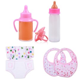 CARANOVO Baby Doll Accessories Set - 7 Pcs Feeding and Caring Set with Magic Disappearing Bottles, Pacifier, Diapers and Bibs Doll Pretend Play Gift for Kids