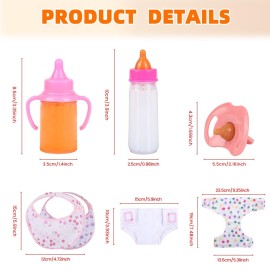 CARANOVO Baby Doll Accessories Set - 7 Pcs Feeding and Caring Set with Magic Disappearing Bottles, Pacifier, Diapers and Bibs Doll Pretend Play Gift for Kids