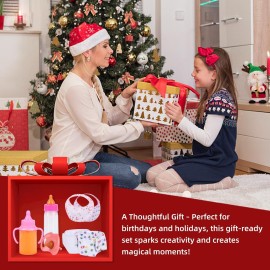 CARANOVO Baby Doll Accessories Set - 7 Pcs Feeding and Caring Set with Magic Disappearing Bottles, Pacifier, Diapers and Bibs Doll Pretend Play Gift for Kids