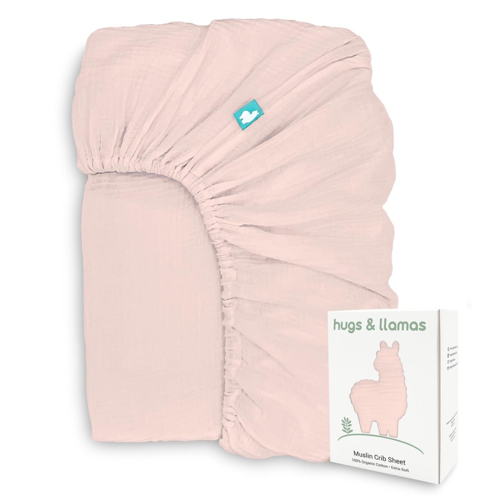 Hugs & Llamas | 100% Organic Cotton Muslin Fitted Crib Sheet - Baby Crib Sheets for Boys & Girls - Neutral (Cotton Candy)
