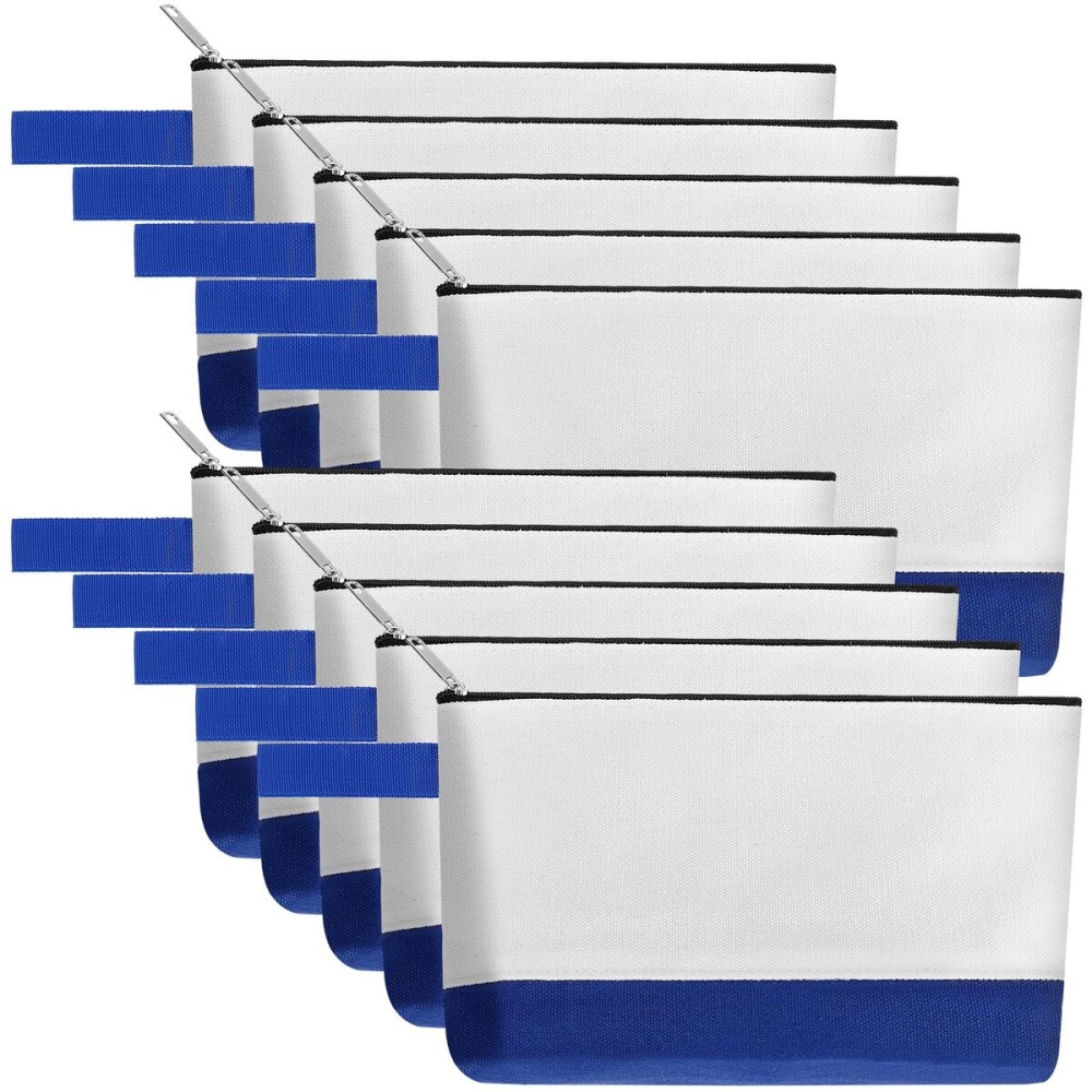 Sinzip 10 Pieces Cotton Canvas Makeup Bag with Bottom and Strap, Multi-Purpose Cosmetic Bag with Zipper Travel Toiletry Pouch, Blank DIY Craft Bag (White&Blue, L)