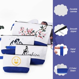 Sinzip 10 Pieces Cotton Canvas Makeup Bag with Bottom and Strap, Multi-Purpose Cosmetic Bag with Zipper Travel Toiletry Pouch, Blank DIY Craft Bag (White&Blue, L)