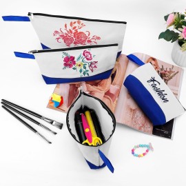 Sinzip 10 Pieces Cotton Canvas Makeup Bag with Bottom and Strap, Multi-Purpose Cosmetic Bag with Zipper Travel Toiletry Pouch, Blank DIY Craft Bag (White&Blue, L)