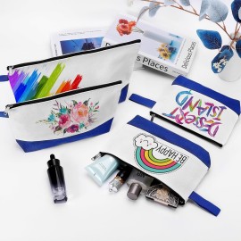 Sinzip 10 Pieces Cotton Canvas Makeup Bag with Bottom and Strap, Multi-Purpose Cosmetic Bag with Zipper Travel Toiletry Pouch, Blank DIY Craft Bag (White&Blue, L)