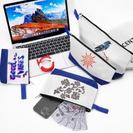 Sinzip 10 Pieces Cotton Canvas Makeup Bag with Bottom and Strap, Multi-Purpose Cosmetic Bag with Zipper Travel Toiletry Pouch, Blank DIY Craft Bag (White&Blue, L)