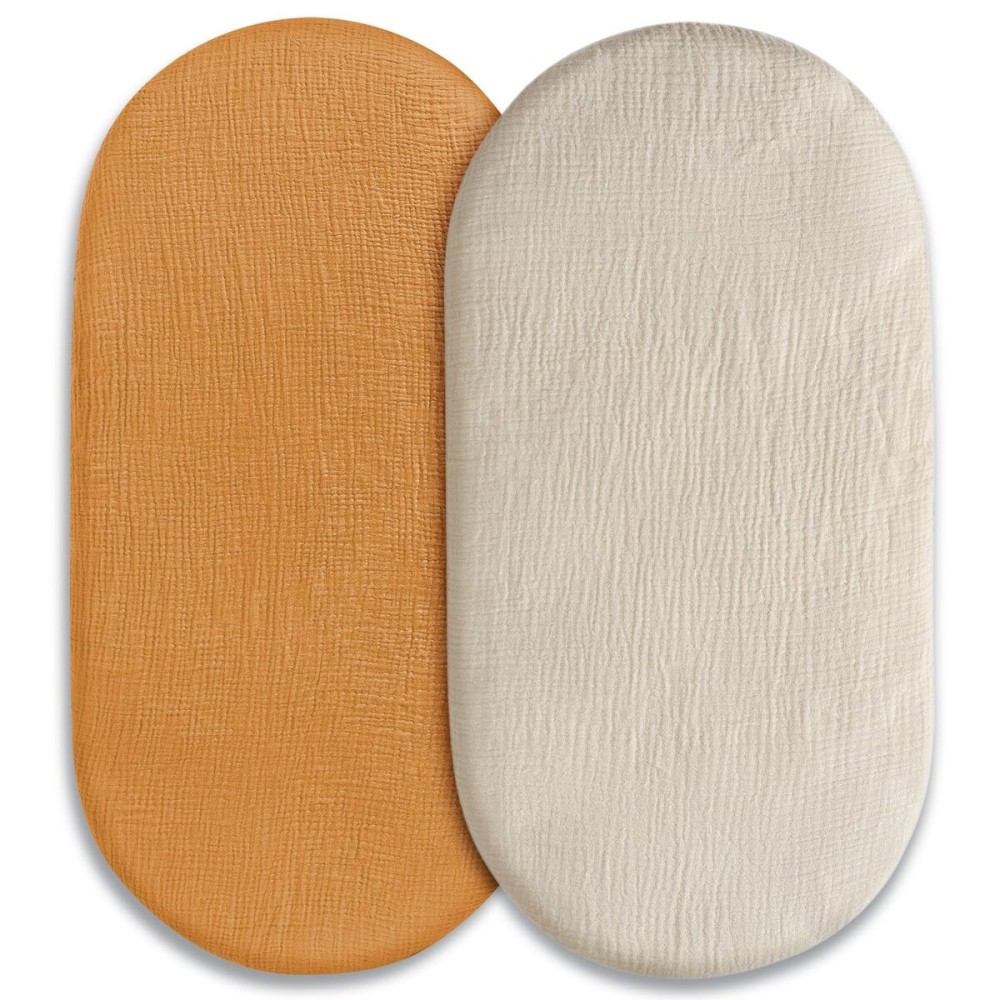 Muslin Bassinet Fitted Sheets, 2 Pack for Baby Boy and Girl, Soft Breathable Stretchy Baby Pad/Mattress Sheet Set, Universal Fit for Hourglass Oval and Rectangle Bassinet Mattress (Elegant Colors)