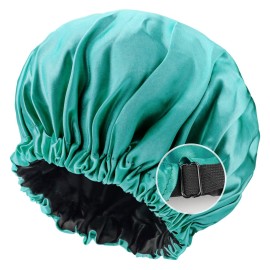 ASSFENSK Satin Bonnet for Sleeping, Double Layer Adjustable Satin Sleep Bonnet,Hair Bonnet for Sleeping (Peacock Green)