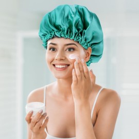 ASSFENSK Satin Bonnet for Sleeping, Double Layer Adjustable Satin Sleep Bonnet,Hair Bonnet for Sleeping (Peacock Green)