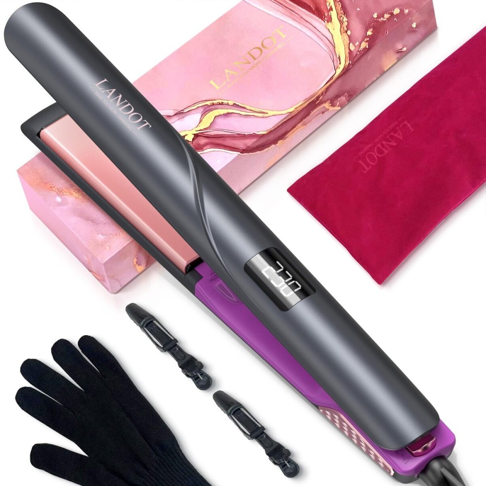 LANDOT Flat Iron Hair Straightener: Ceramic Ionic Straightener for Frizz-Free Shine - Adjustable Temp 250-450F & Auto Shut Off + Travel Pouch