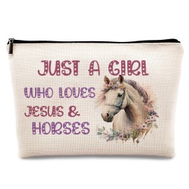 KDQUA Horse Lovers Makeup Bag, Just a Girl Who Loves Horses, Funny Cowgirl Equestrian Gifts - Linen Cosmetic Bag Zipper Pouch Travel Toiletry Bag