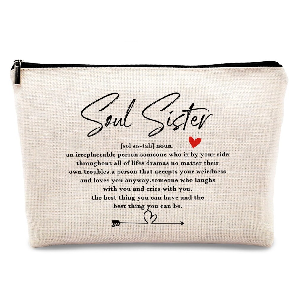 kdqua Soul Sister Gifts Makeup Bag, Sisters Gifts from Sister, Soul Sister Gifts for Women, Bestie Friends Sister in Law BFF Birthday Gift Linen Cosmetic Bag Zipper Pouch Travel Toiletry Bag