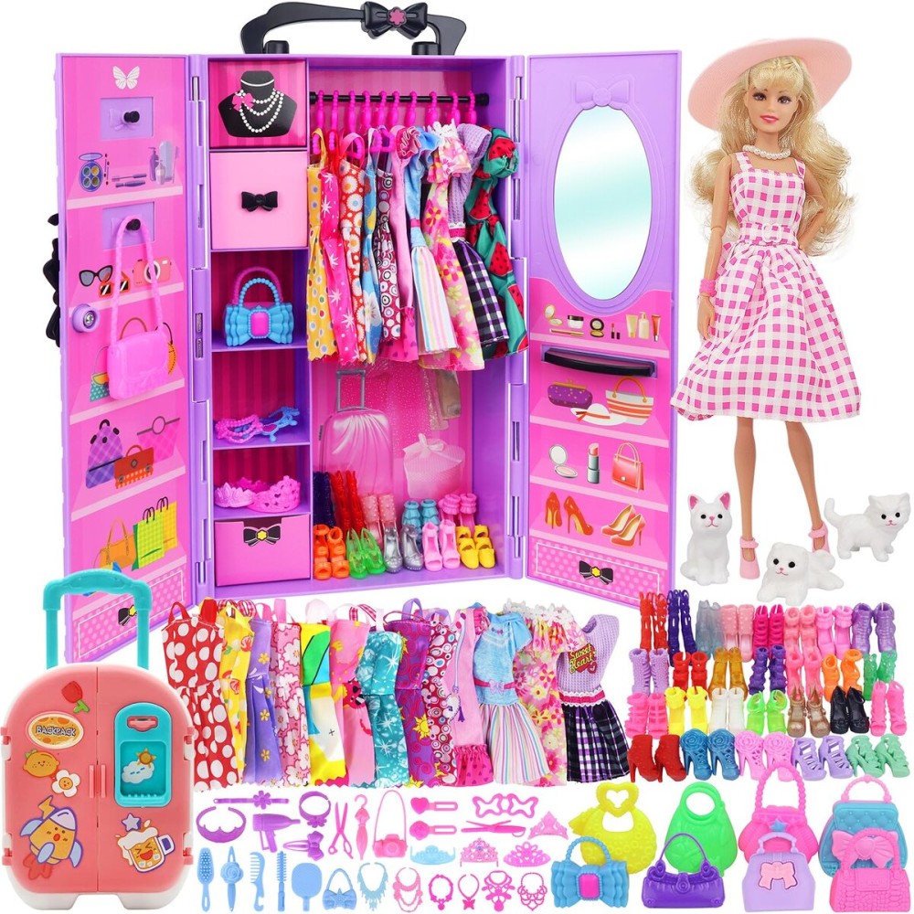 K.T. Fancy 83 Pcs Dolls & Accessories with Purple Closet Wardrobe for 11.5 Inch Doll Dress Up Set Including Wardrobe Shoes, Wallet, Dress Hangers, Brush, Necklace, Pet and Other Accessories