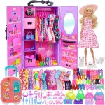K.T. Fancy 83 Pcs Dolls & Accessories with Purple Closet Wardrobe for 11.5 Inch Doll Dress Up Set Including Wardrobe Shoes, Wallet, Dress Hangers, Brush, Necklace, Pet and Other Accessories