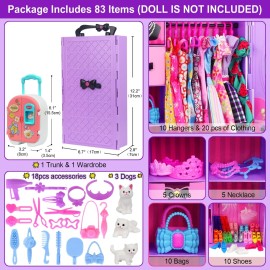 K.T. Fancy 83 Pcs Dolls & Accessories with Purple Closet Wardrobe for 11.5 Inch Doll Dress Up Set Including Wardrobe Shoes, Wallet, Dress Hangers, Brush, Necklace, Pet and Other Accessories