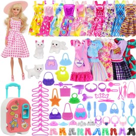 K.T. Fancy 83 Pcs Dolls & Accessories with Purple Closet Wardrobe for 11.5 Inch Doll Dress Up Set Including Wardrobe Shoes, Wallet, Dress Hangers, Brush, Necklace, Pet and Other Accessories