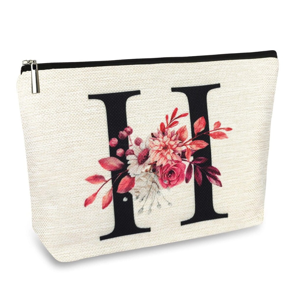 Initial A-Z Personalized Floral Makeup Bag, Monogrammed Birthday Gifts for Women Mom, Mothers Day Christmas Gift Ideas for Best Friend, Bride Bridesmaid, Her, Grandma, Small Travel Cosmetic Bag (H)