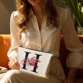 Initial A-Z Personalized Floral Makeup Bag, Monogrammed Birthday Gifts for Women Mom, Mothers Day Christmas Gift Ideas for Best Friend, Bride Bridesmaid, Her, Grandma, Small Travel Cosmetic Bag (H)