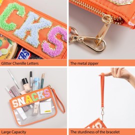 HANAMO Chenille Letter Clear Bag Monogram Chenille Letter Travel Patch Pouch Snack Makeup Multi-purpose Transparent Waterproof Snacks Makeup Tote Bag with Wrist Strap