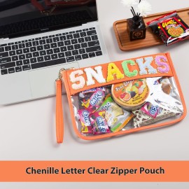 HANAMO Chenille Letter Clear Bag Monogram Chenille Letter Travel Patch Pouch Snack Makeup Multi-purpose Transparent Waterproof Snacks Makeup Tote Bag with Wrist Strap
