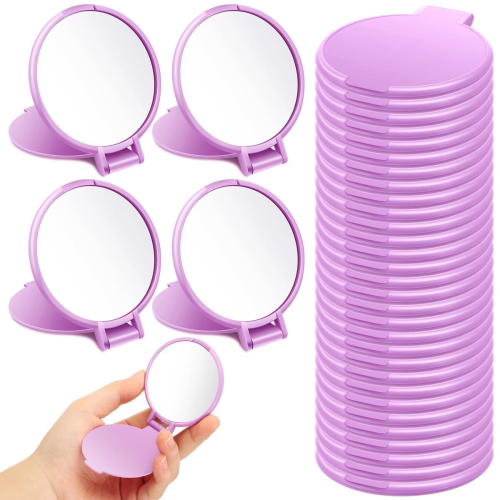 Saysurey 24 Pieces Mini Compact Mirror Bulk Round Portable Makeup Folding Pocket Travel Mirror for Homeless, 2.8 x 2.4 Inch(Purple)